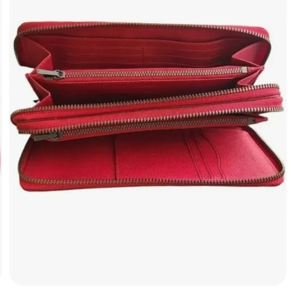 Coach Double Zip Travel Wallet Red Leather Wristlet Pebble Grain - Picture 2 of 6